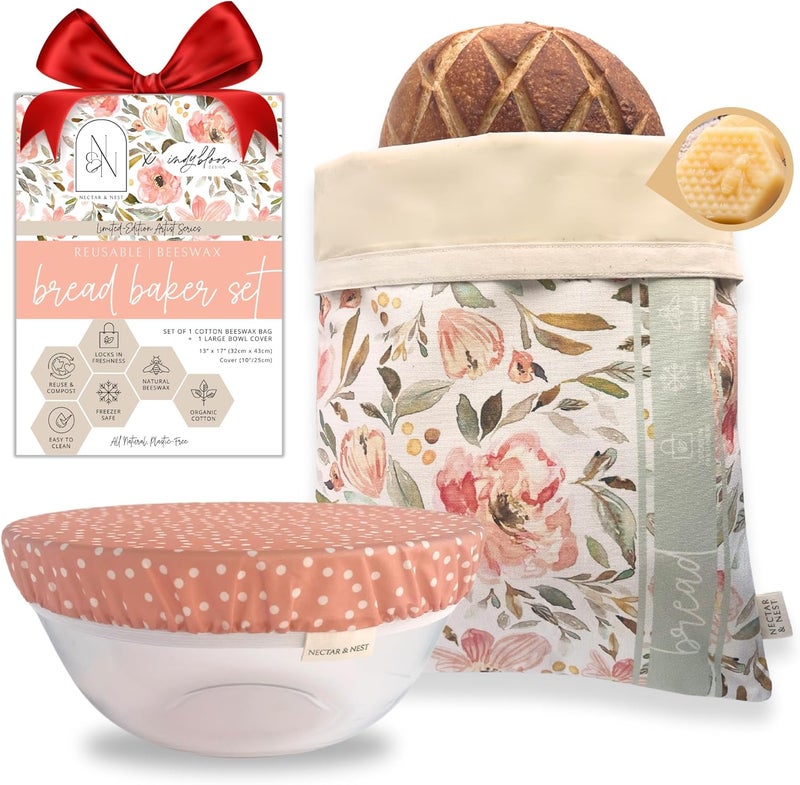 Nectar & Nest Bread Baker Set, Reusable Beeswax Bread Bags for Homemade Bread, Sourdough Bag, Organic Cotton Beeswax Bowl Cover, Limited-Edition Artist Series - Image 1