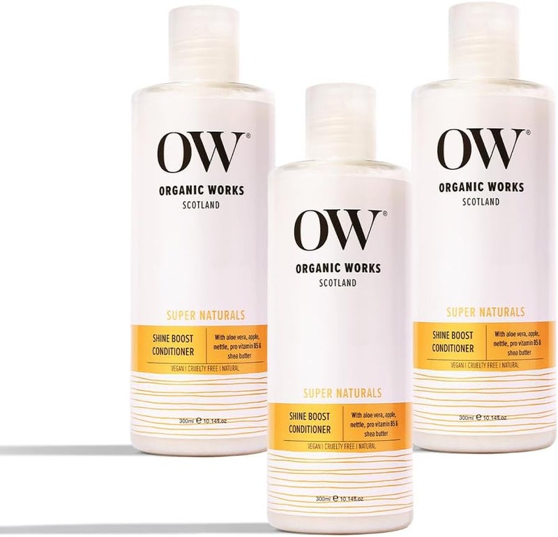 Organic Works Shine Boost Conditioner 300ml Pack of 3 Natural Hair Conditioner with Amino Acids Aloe Vera Nettle Shea Butter Restores Damaged Hair Strengthens Smoothens Adds Shine