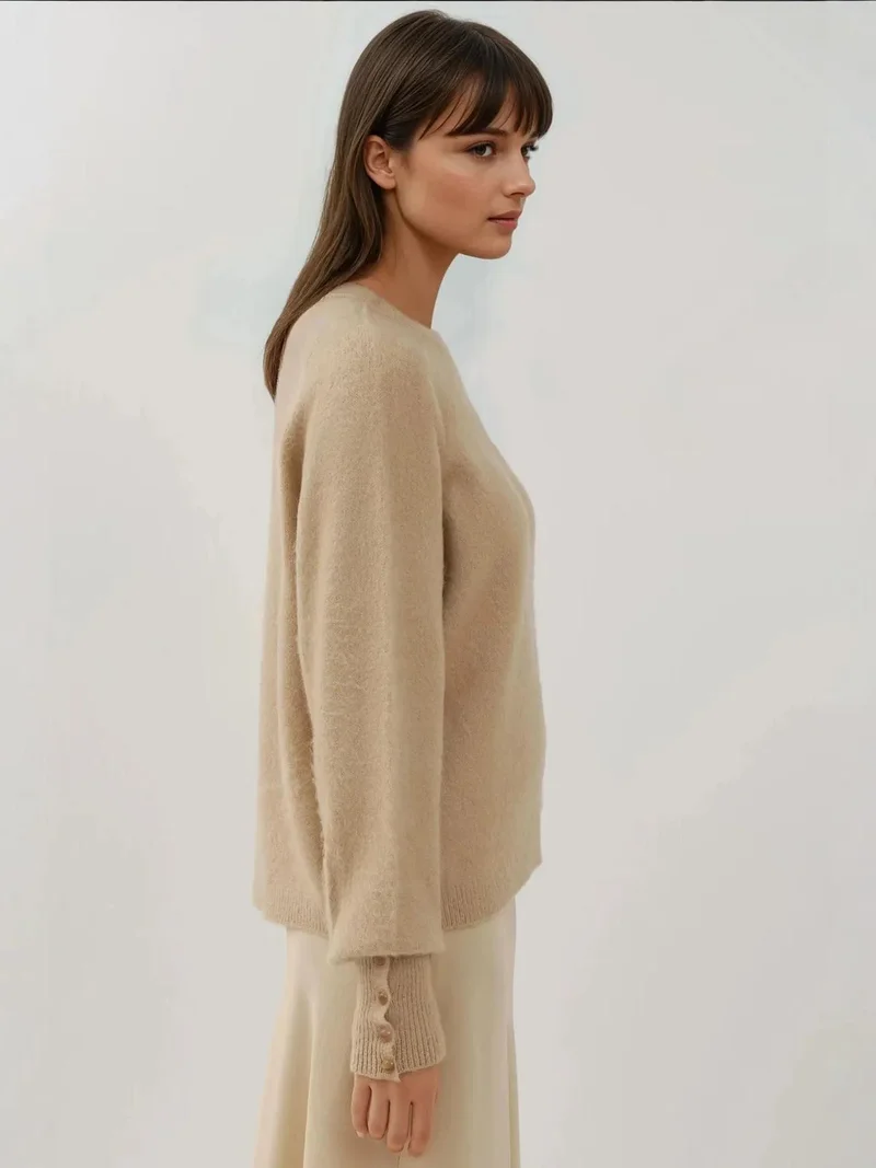 HICCUP Beige Natural Soft Textured Button Detailed Long Sleeve Sweater for Women | Best Price UAE