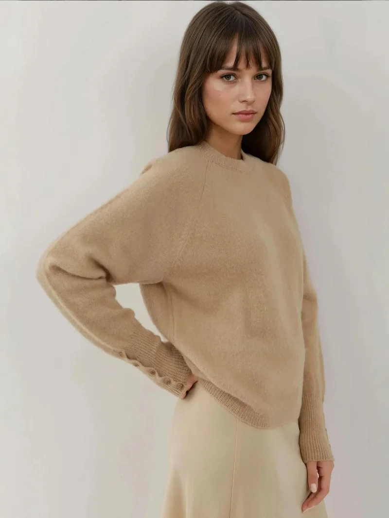 HICCUP Beige Natural Soft Textured Button Detailed Long Sleeve Sweater for Women | Best Price UAE