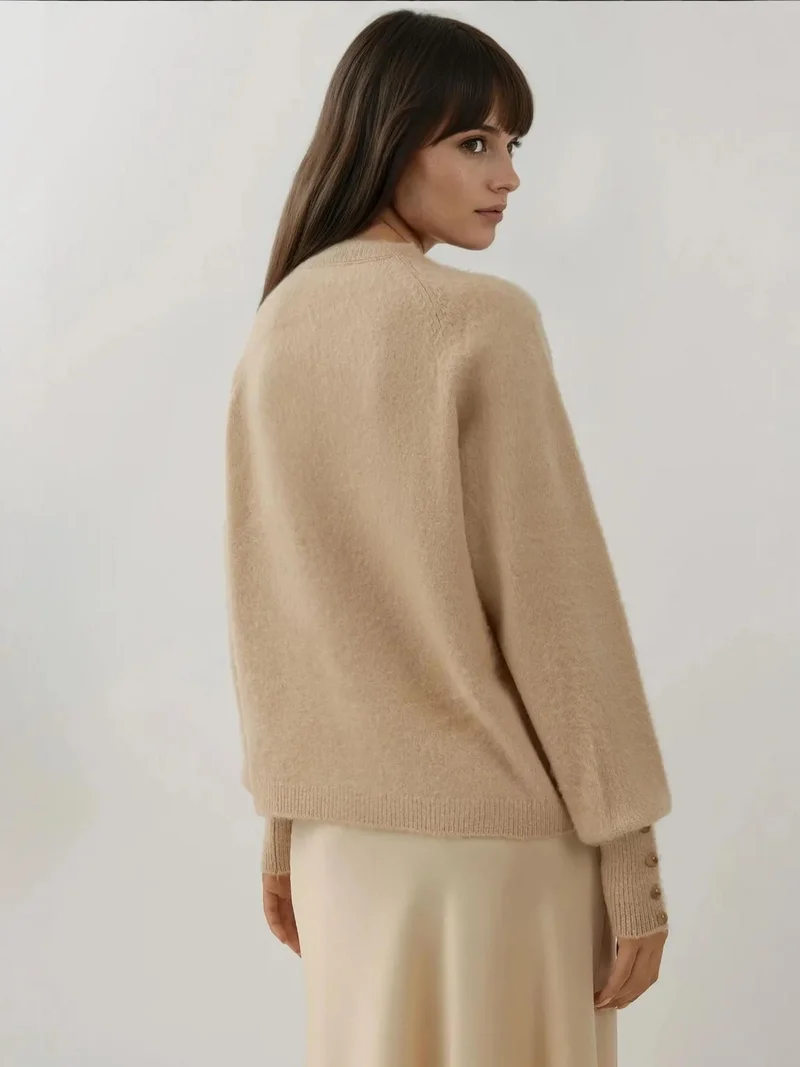 HICCUP Beige Natural Soft Textured Button Detailed Long Sleeve Sweater for Women | Best Price UAE