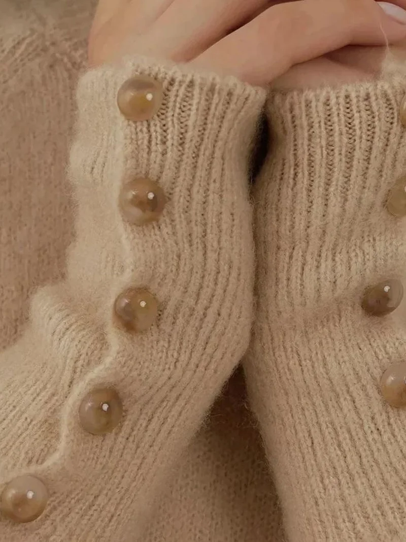 HICCUP Beige Natural Soft Textured Button Detailed Long Sleeve Sweater for Women | Best Price UAE
