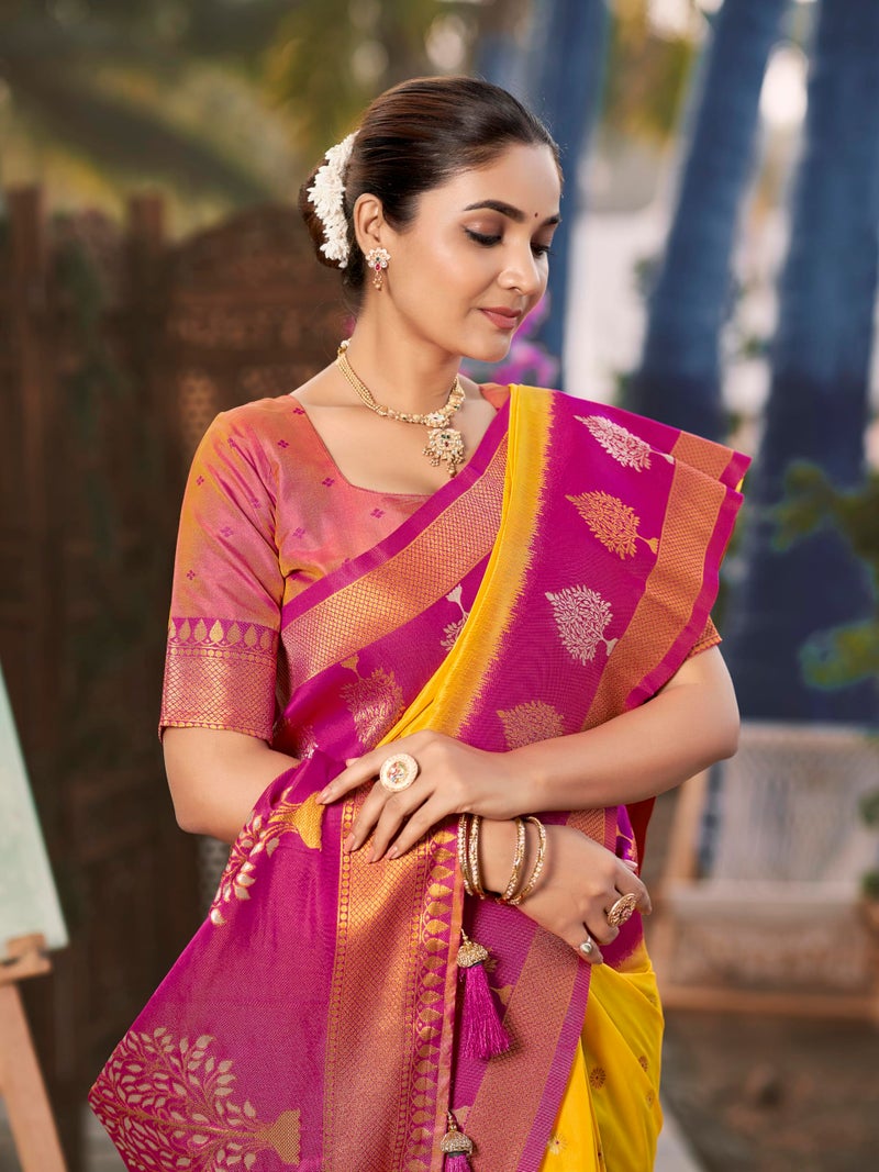 MANOHARI Women's Most Trendy Banarasi Soft Silk Woven Yellow and Pink Saree With Heavy Jacquard Work Saree With Pink Blouse Piece_MN2007 - Image 5