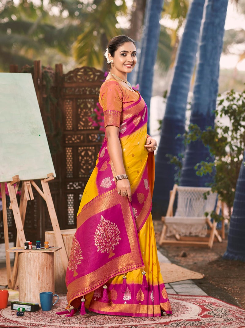 MANOHARI Women's Most Trendy Banarasi Soft Silk Woven Yellow and Pink Saree With Heavy Jacquard Work Saree With Pink Blouse Piece_MN2007 - Image 4