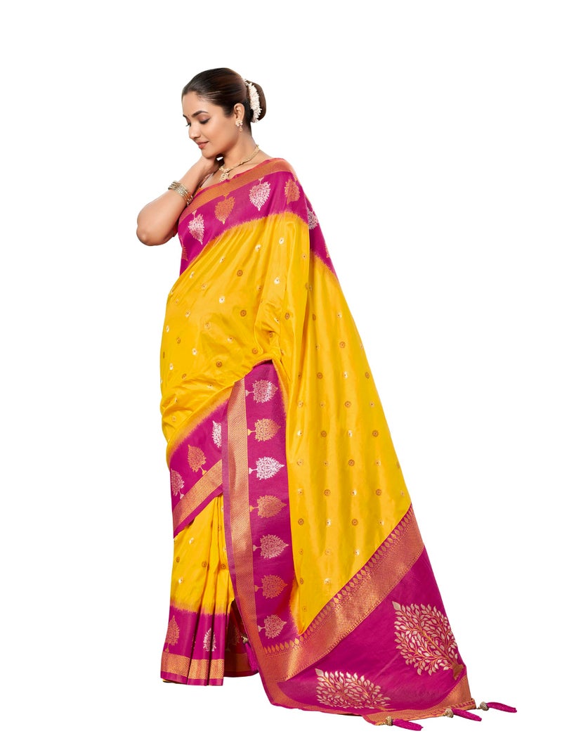 MANOHARI Women's Most Trendy Banarasi Soft Silk Woven Yellow and Pink Saree With Heavy Jacquard Work Saree With Pink Blouse Piece_MN2007 - Image 1