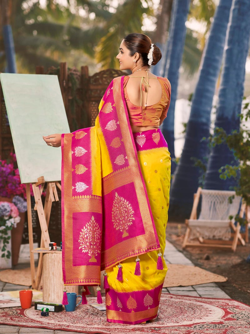 MANOHARI Women's Most Trendy Banarasi Soft Silk Woven Yellow and Pink Saree With Heavy Jacquard Work Saree With Pink Blouse Piece_MN2007 - Image 3
