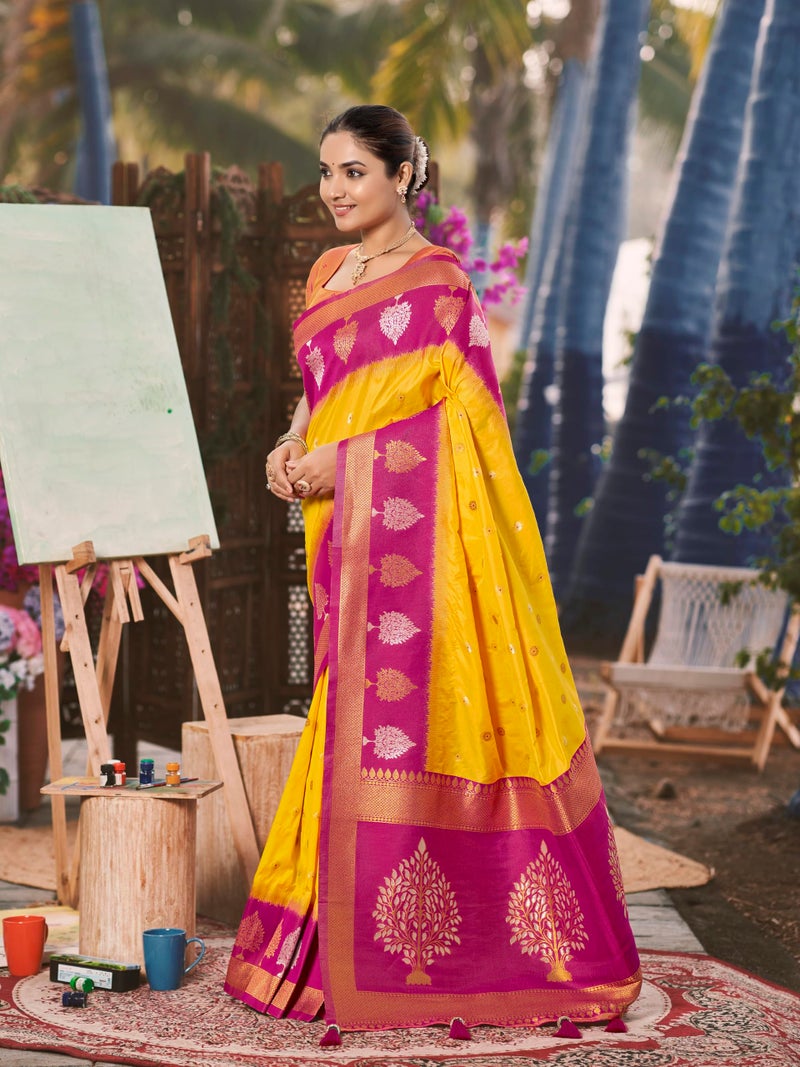 MANOHARI Women's Most Trendy Banarasi Soft Silk Woven Yellow and Pink Saree With Heavy Jacquard Work Saree With Pink Blouse Piece_MN2007 - Image 2