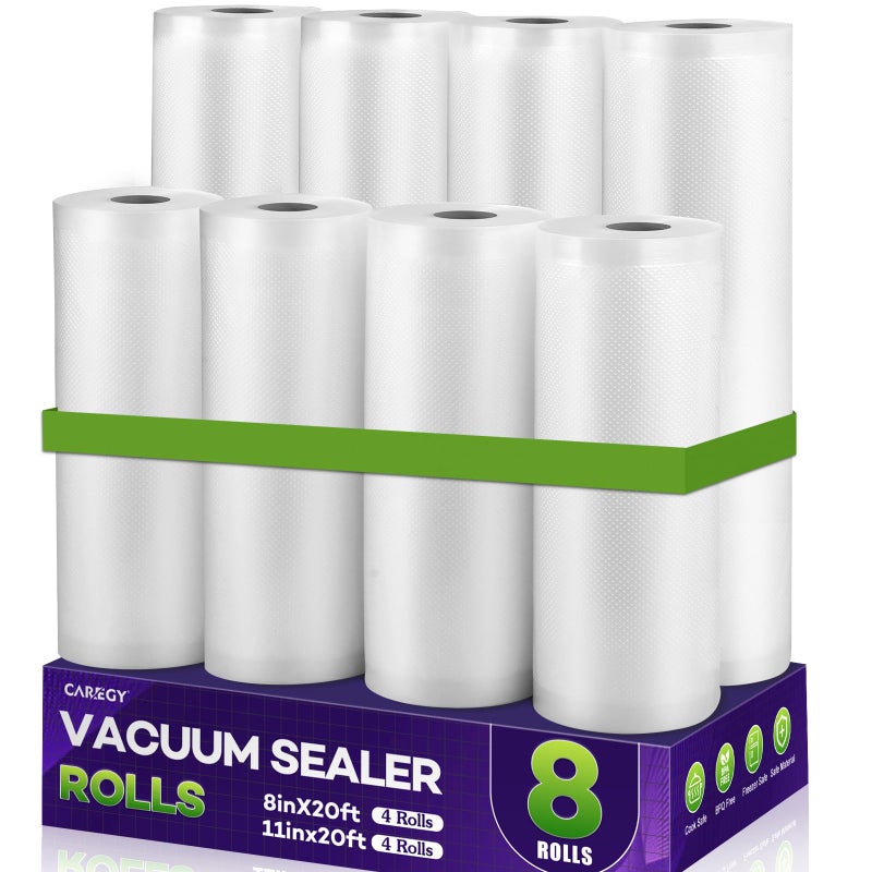 CAREGY 8 Pack Food Vacuum Sealer Bags with BPA Free 4 Rolls 8'' x 20' and 4 Rolls 11''x20' Embossed Food Saver Bags for Meal Prep,Sous Vide Cooking and Food Storage - Image 1