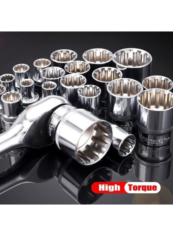 Qnkaa Spline Socket Set 1/2" Drive Universal Metric 8-32mm 12-Point Cr-V Socket Kit 19pcs - Image 3