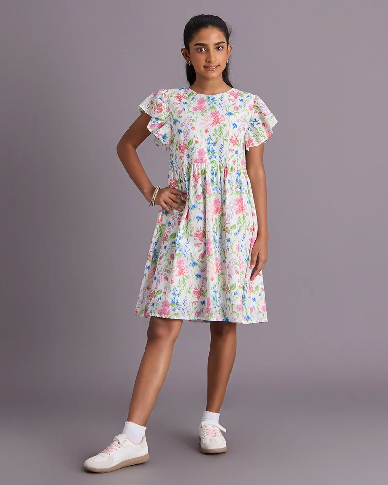 Redtag Senior Girls Multicolor Floral Slub Dress