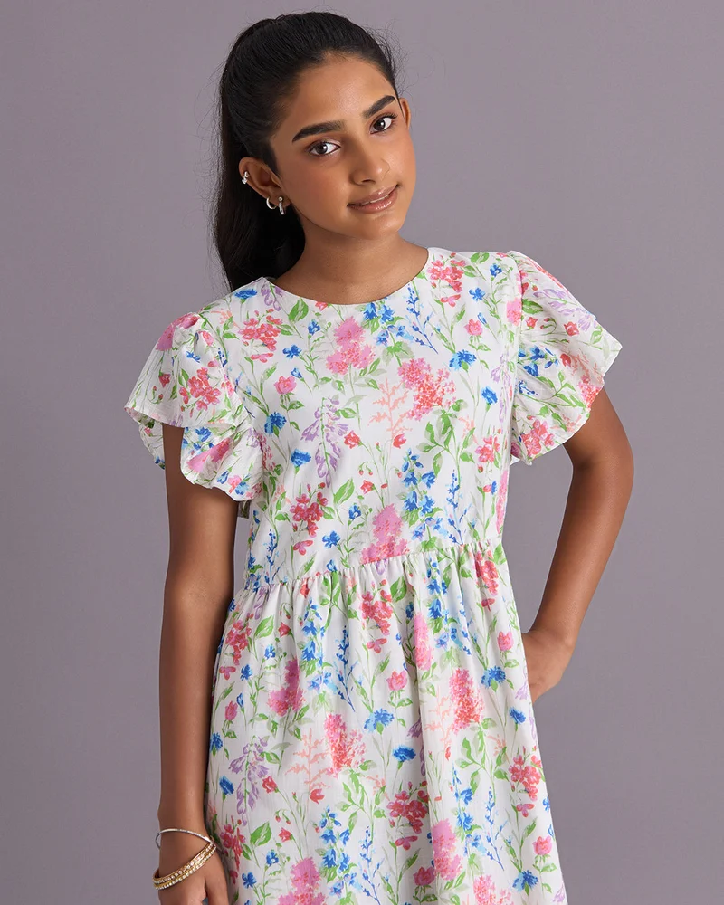 Redtag Senior Girls Multicolor Floral Slub Dress