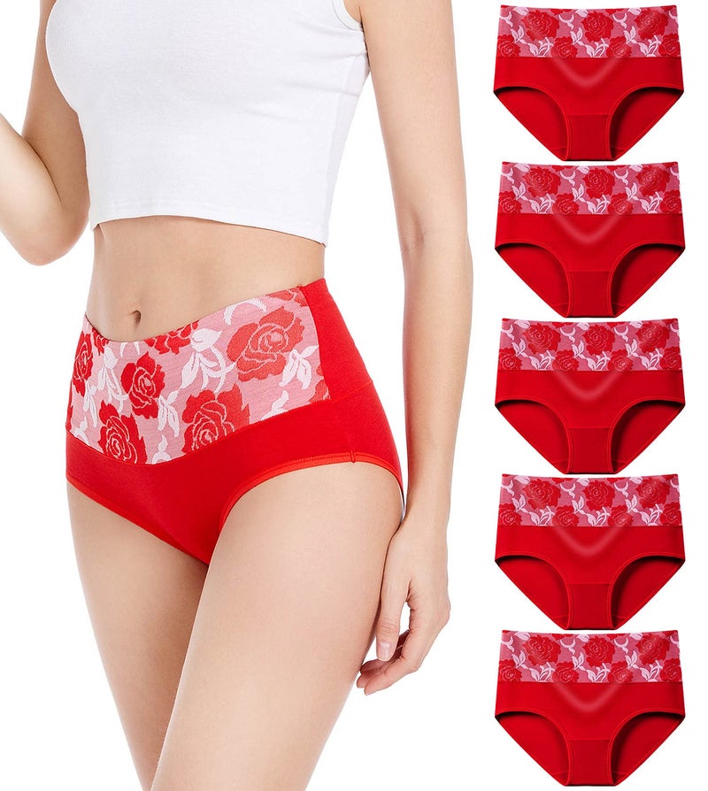 HAVVIS Women's Briefs Underwear Cotton High Waist Tummy Control Panties Rose Jacquard Ladies Panty Multipack (Brief 04-5 Pack - Red, Medium) - Image 1