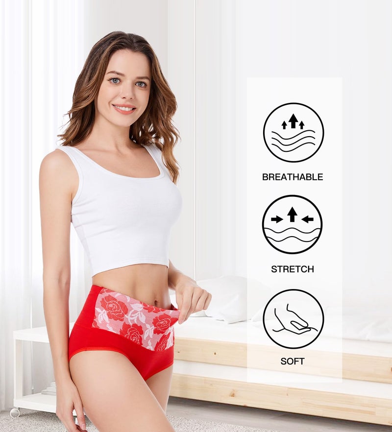 HAVVIS Women's Briefs Underwear Cotton High Waist Tummy Control Panties Rose Jacquard Ladies Panty Multipack (Brief 04-5 Pack - Red, Medium) - Image 4