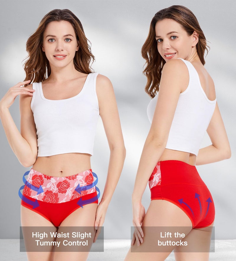 HAVVIS Women's Briefs Underwear Cotton High Waist Tummy Control Panties Rose Jacquard Ladies Panty Multipack (Brief 04-5 Pack - Red, Medium) - Image 3