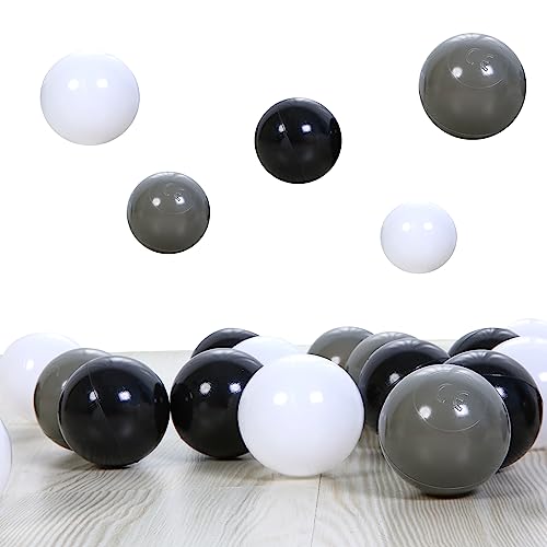 PlayMaty 100 Pieces Colorful Pit Balls Plastic Phthalate Free BPA Free Ocean Ball Crush Proof Stress Balls for Toddlers and Kids Playhouse Ball Pool Pit Accessories 22 Inches White Black Grey - Image 1