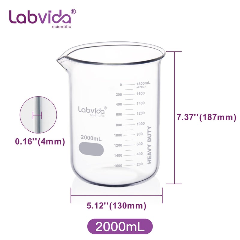 Labvida 2000ml Upgrated Thick Glass Beaker, Griffin Low Form Glass Beakers, Double Scale, 3.3 Boro, LVA015 - Image 2
