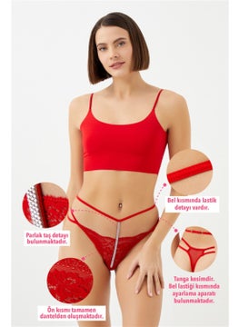 COTTONHILL Red Lace Stone Detailed Adjustable Elastic Women's Thong Panties  - Image 2