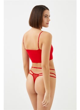 COTTONHILL Red Lace Stone Detailed Adjustable Elastic Women's Thong Panties  - Image 4