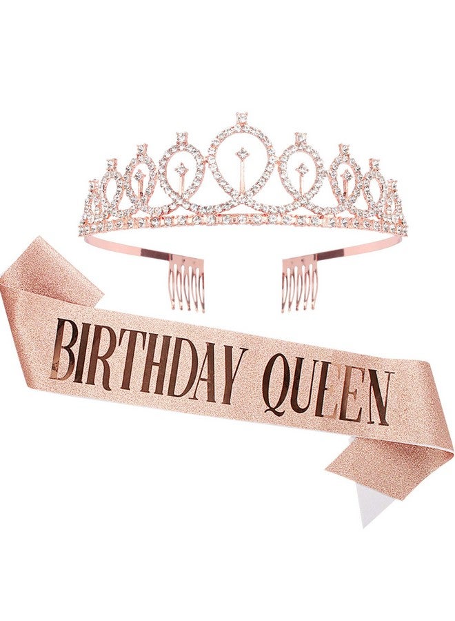 CAVETEE Birthday Crown and Sash for Women - Rose Gold Rhinestone Tiara Set and Sash for Decorations - Image 1