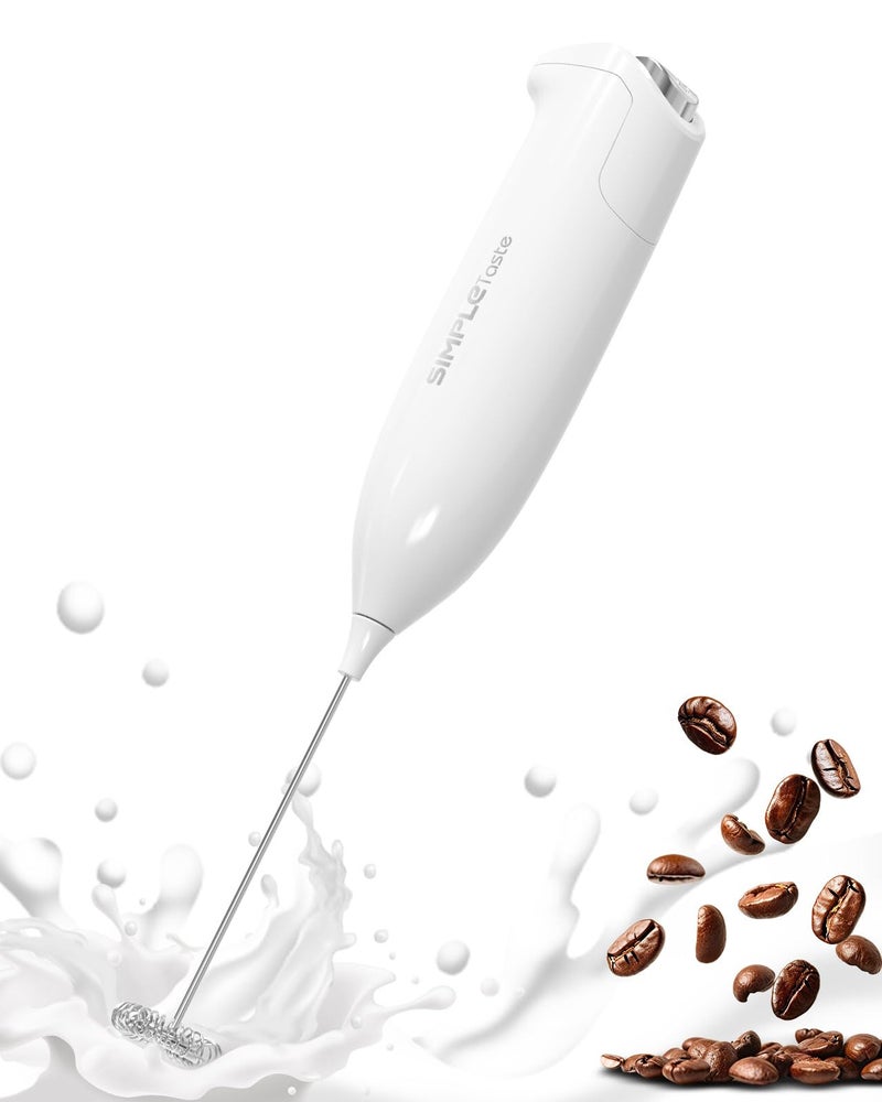 SIMPLETASTE Milk Frother Handheld Electric Foam Maker, Drink Mixer with Stainless Steel Whisk for Cappuccino, Bulletproof Coffee, Latte, Blizzard White, without Stand, Battery Operated - Image 1