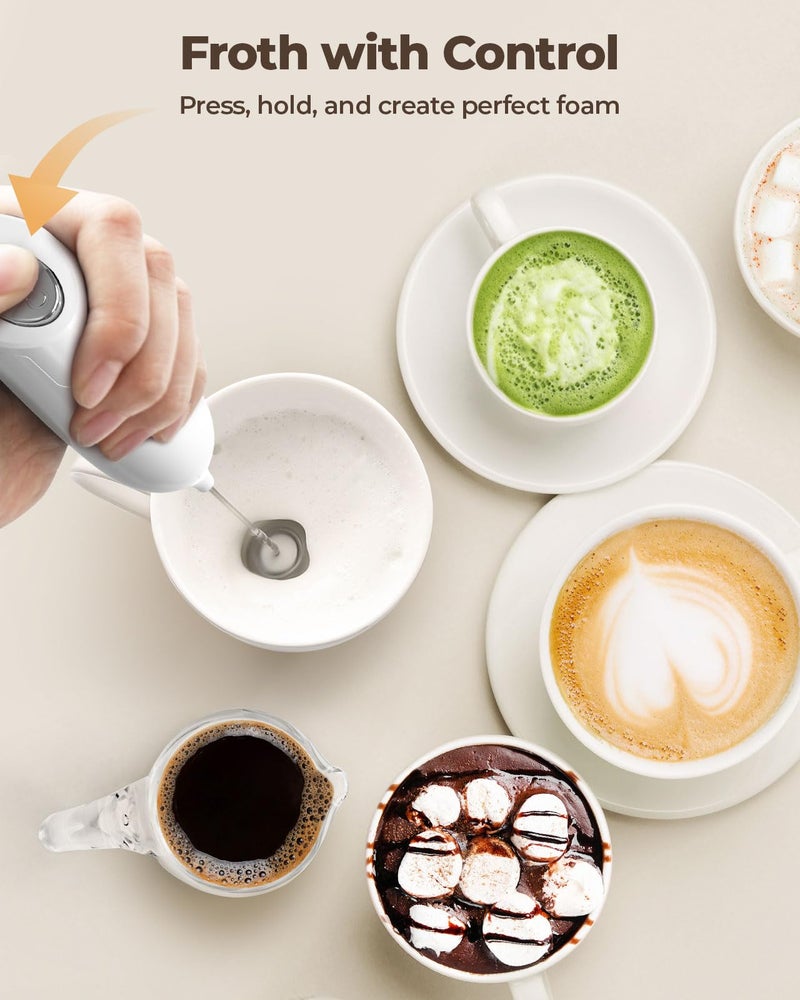SIMPLETASTE Milk Frother Handheld Electric Foam Maker, Drink Mixer with Stainless Steel Whisk for Cappuccino, Bulletproof Coffee, Latte, Blizzard White, without Stand, Battery Operated - Image 4