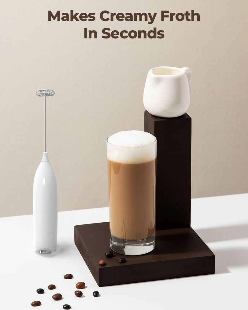 SIMPLETASTE Milk Frother Handheld Electric Foam Maker, Drink Mixer with Stainless Steel Whisk for Cappuccino, Bulletproof Coffee, Latte, Blizzard White, without Stand, Battery Operated - Image 3