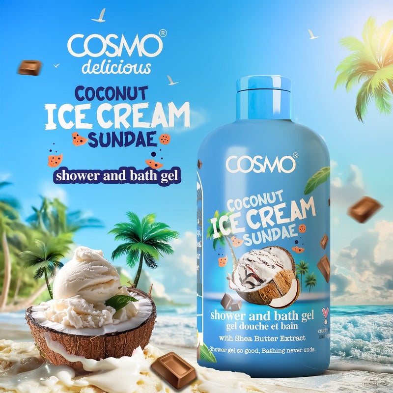 COSMO مثلجات جوز الهند اللذيذة من كوزمو مع جل الاستحمام والأستحمام بالألوة فيرا 400 مل، غسول مرطب ومنعش للجسم، رائحة جوز الهند الاستوائية، إزالة الجلد الميت، منظف للجسم، جل استحمام للنساء والرجال - Image 2