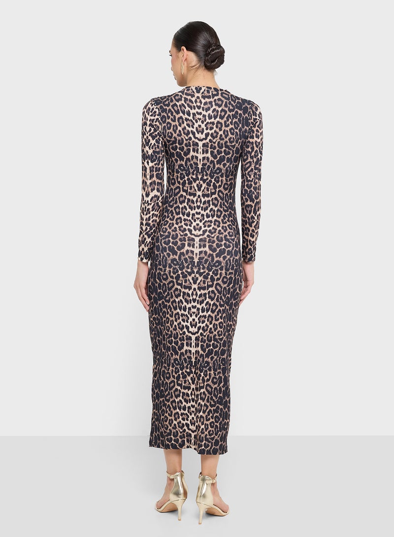 FYOR Elegant Leopard Midi/Maxi Dress with Long Sleeves - Image 2