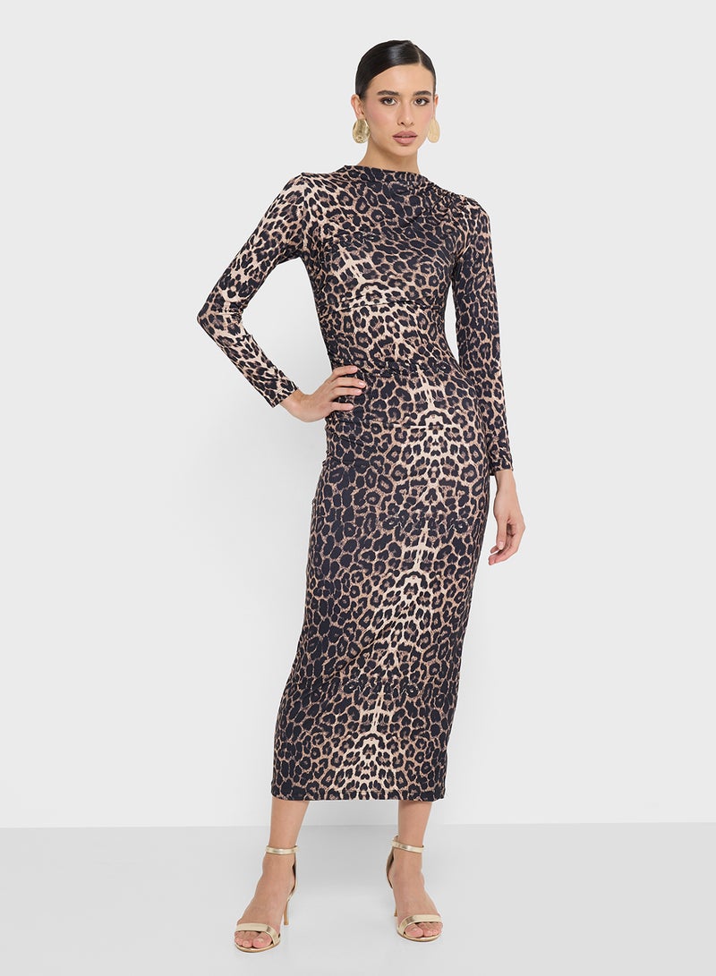 FYOR Elegant Leopard Midi/Maxi Dress with Long Sleeves - Image 1
