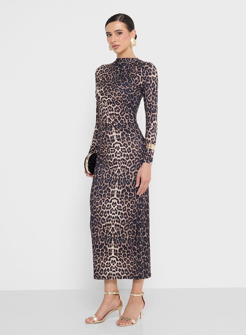FYOR Elegant Leopard Midi/Maxi Dress with Long Sleeves - Image 4