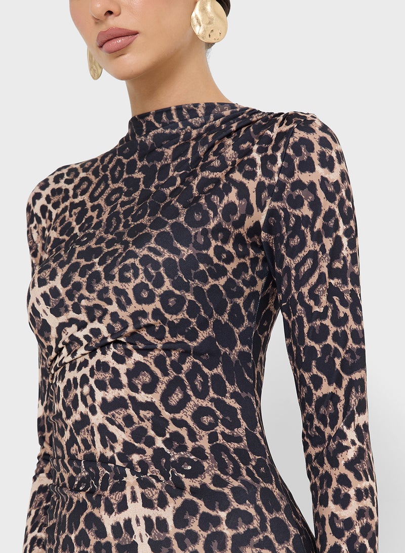 FYOR Elegant Leopard Midi/Maxi Dress with Long Sleeves - Image 3