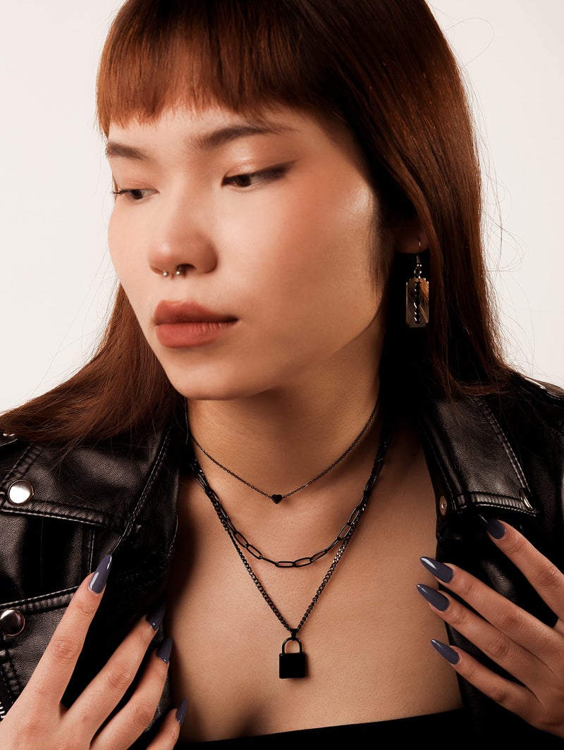 Sacina Women's Zinc Alloy & Stainless Steel Gothic Black Layered Necklace (12.59+16.53+18.11 inches) - Heart & Lock Pendant, Y2K Emo Necklace, Halloween, Christmas Gift - Image 2