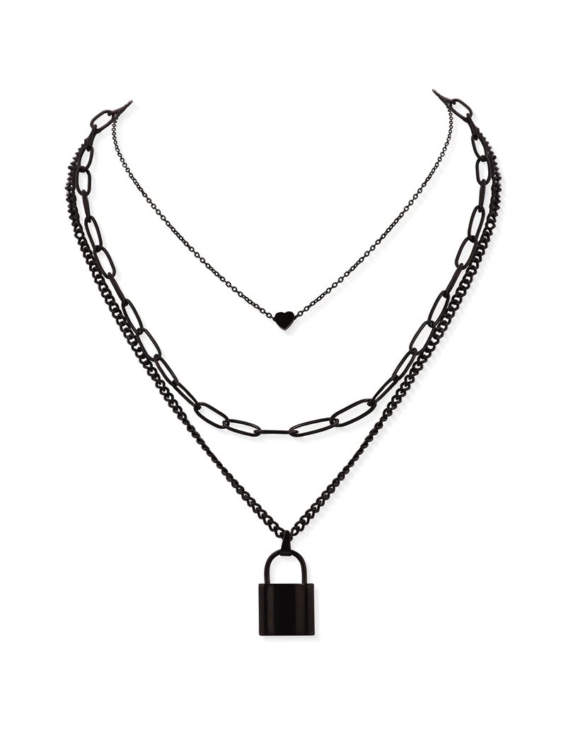 Sacina Women's Zinc Alloy & Stainless Steel Gothic Black Layered Necklace (12.59+16.53+18.11 inches) - Heart & Lock Pendant, Y2K Emo Necklace, Halloween, Christmas Gift - Image 1