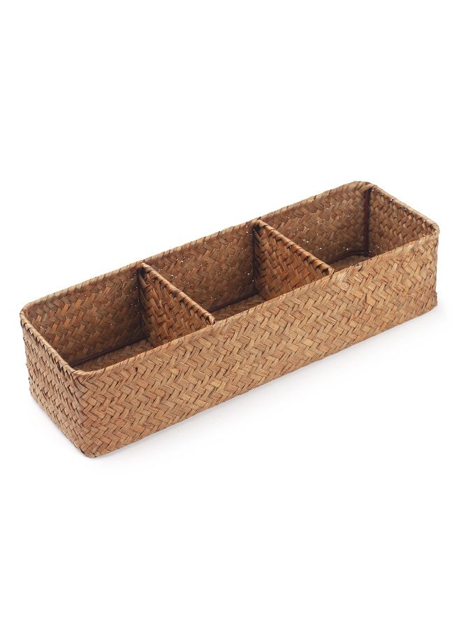 DECRAFTS Seagrass Tank Basket for Toilet Paper 3 Sections Woven Storage Basket with Large Compartment Natural (16.5inch x 5.5inch x 3.5inch) - Image 2