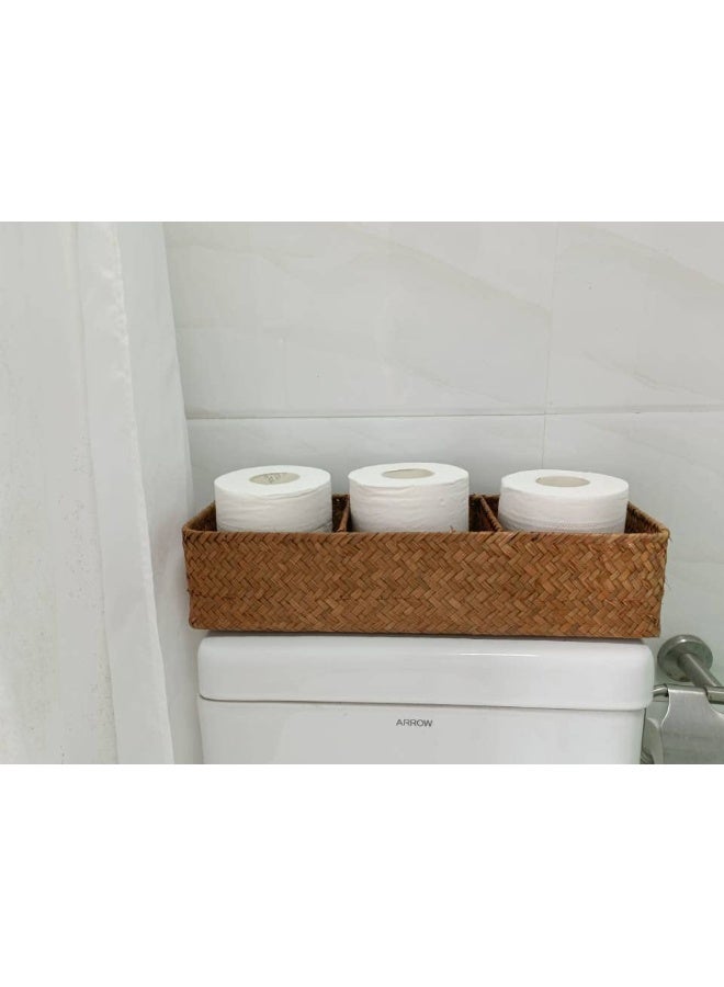 DECRAFTS Seagrass Tank Basket for Toilet Paper 3 Sections Woven Storage Basket with Large Compartment Natural (16.5inch x 5.5inch x 3.5inch) - Image 4