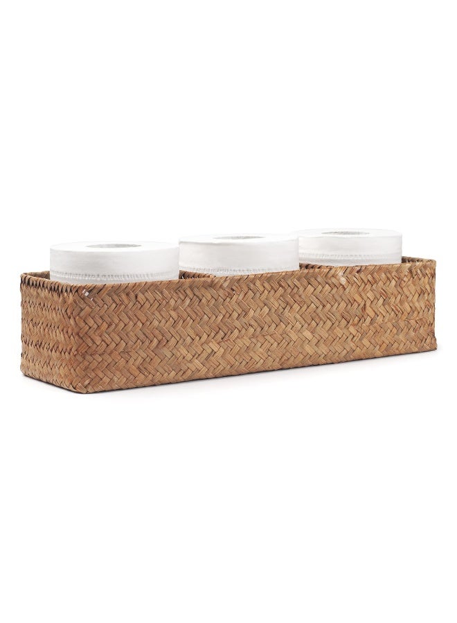 DECRAFTS Seagrass Tank Basket for Toilet Paper 3 Sections Woven Storage Basket with Large Compartment Natural (16.5inch x 5.5inch x 3.5inch) - Image 1