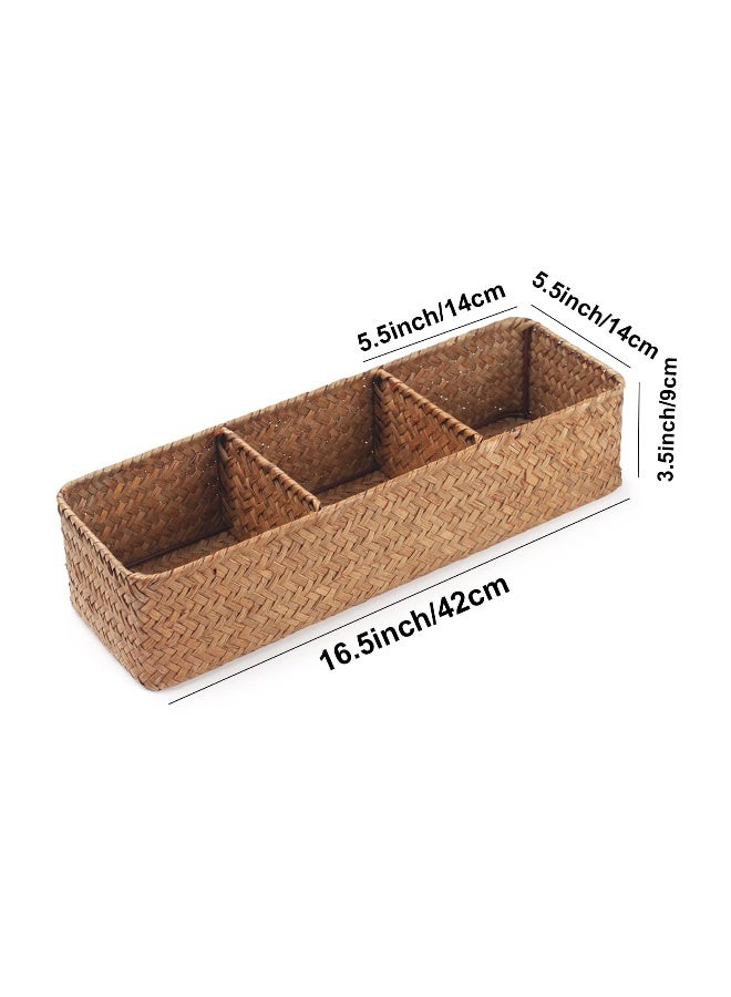 DECRAFTS Seagrass Tank Basket for Toilet Paper 3 Sections Woven Storage Basket with Large Compartment Natural (16.5inch x 5.5inch x 3.5inch) - Image 3