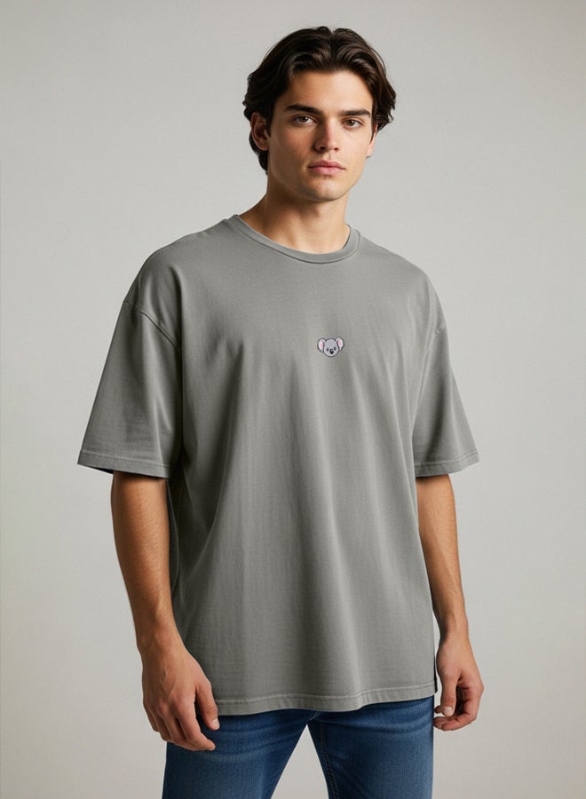 trendyol Grey Oversize/Wide Cut Koala Embroidered 100% Cotton T-Shirt - Image 1
