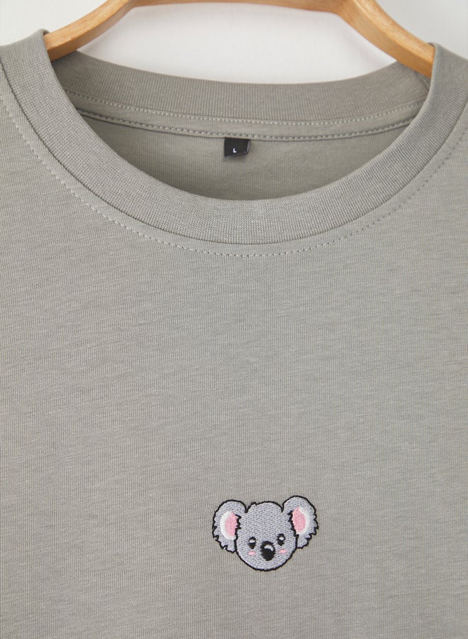 trendyol Grey Oversize/Wide Cut Koala Embroidered 100% Cotton T-Shirt - Image 4