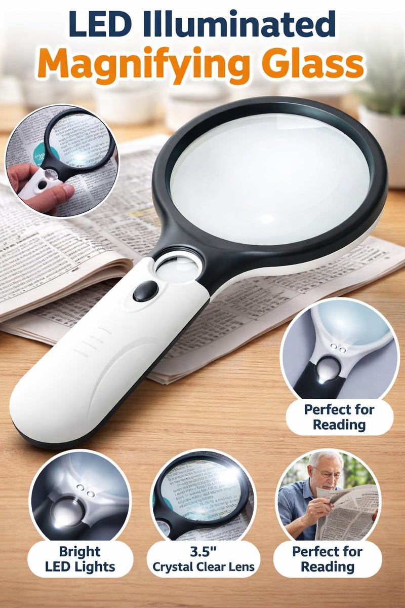 LABART Magnifying Glass with 3 Led Light 3X & 45X Big Size Zoom Lenses for Seniors, Book and Newspaper Reading, Eyelash Extensions Magnifier Glass (Black and White) with 1 Year Warranty - Image 3