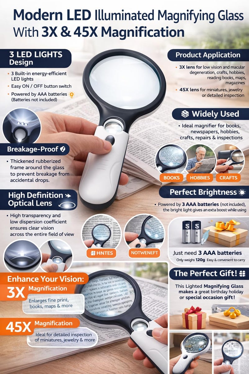 LABART Magnifying Glass with 3 Led Light 3X & 45X Big Size Zoom Lenses for Seniors, Book and Newspaper Reading, Eyelash Extensions Magnifier Glass (Black and White) with 1 Year Warranty - Image 5