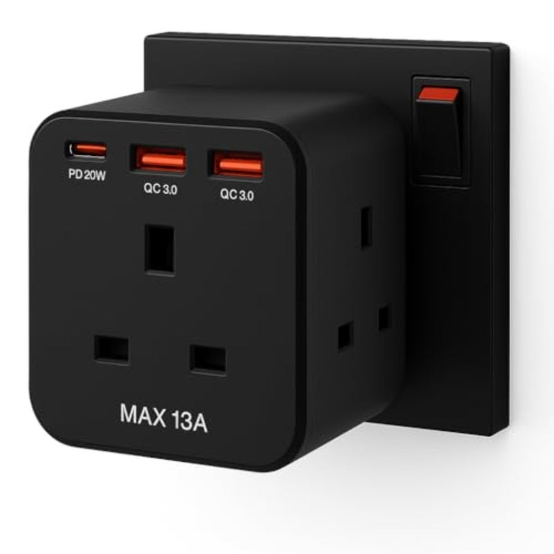 6-in-1 Multi Plug Adapter with USB-C Fast Charging, 20W Wall Power Socket Extension Multiplug Cube with 3 Way AC Outlet Extender and 3 USB Ports for Home, Office and Travel Black - Image 1