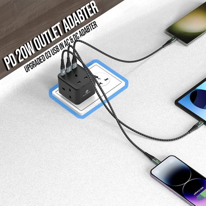 6-in-1 Multi Plug Adapter with USB-C Fast Charging, 20W Wall Power Socket Extension Multiplug Cube with 3 Way AC Outlet Extender and 3 USB Ports for Home, Office and Travel Black - Image 3