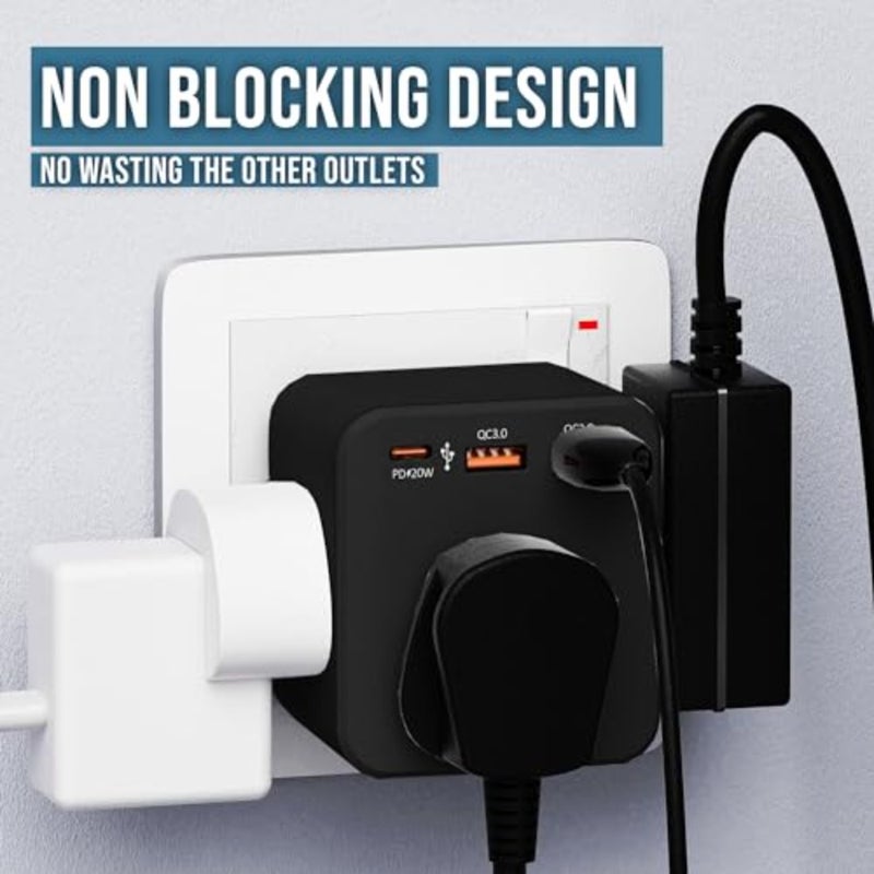 6-in-1 Multi Plug Adapter with USB-C Fast Charging, 20W Wall Power Socket Extension Multiplug Cube with 3 Way AC Outlet Extender and 3 USB Ports for Home, Office and Travel Black - Image 4