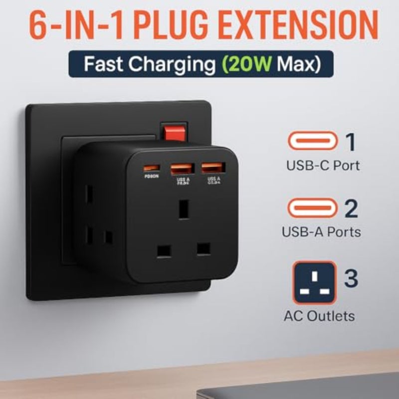 6-in-1 Multi Plug Adapter with USB-C Fast Charging, 20W Wall Power Socket Extension Multiplug Cube with 3 Way AC Outlet Extender and 3 USB Ports for Home, Office and Travel Black - Image 2