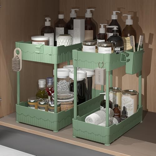 Sevenblue 2 Pack Under Sink Organizer, Under Bathroom Cabinet Organizer with Hooks Hanging Cup, Multi-Purpose Storage Shelf for Kitchen Bathroom (Green, XL) - Image 1