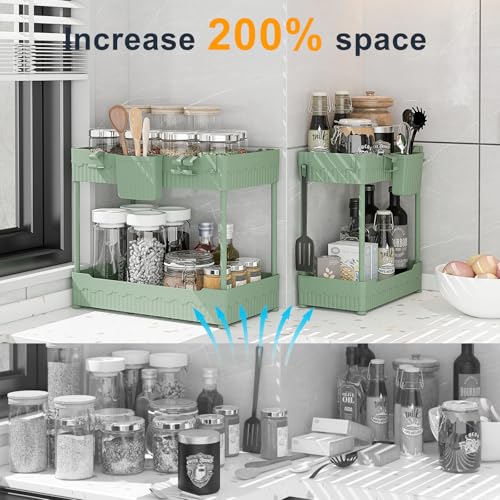 Sevenblue 2 Pack Under Sink Organizer, Under Bathroom Cabinet Organizer with Hooks Hanging Cup, Multi-Purpose Storage Shelf for Kitchen Bathroom (Green, XL) - Image 2