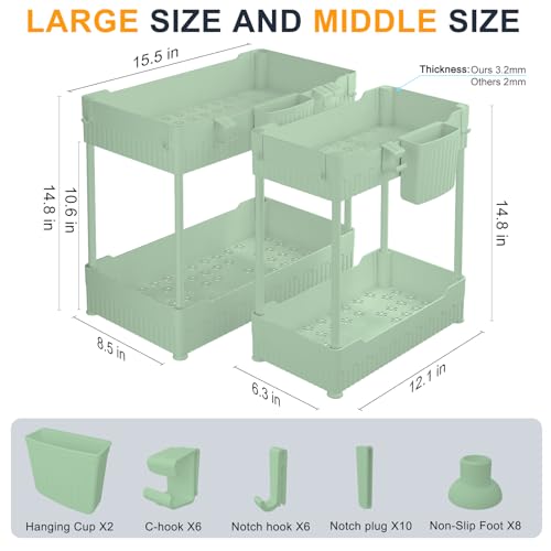 Sevenblue 2 Pack Under Sink Organizer, Under Bathroom Cabinet Organizer with Hooks Hanging Cup, Multi-Purpose Storage Shelf for Kitchen Bathroom (Green, XL) - Image 5
