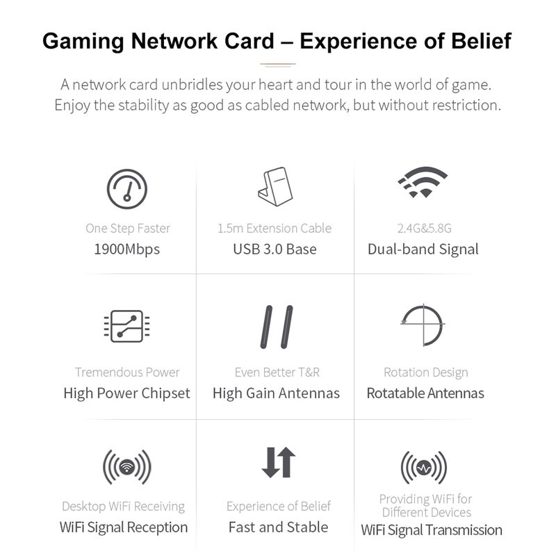 Dual Band Wifi Network Card: USB 3.0 With 4 PA Chips For Strong Signal, Stable Connection, Fast Transmission - External Dual Antennas & Cool Base Design For Gaming Computers And Windows OS Devices - Image 4
