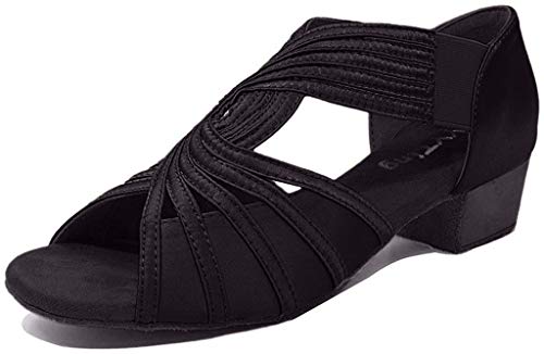 YYTing Low Heel Women Ballroom Dance Shoes Salsa Batchata Social Beginner Practice Wedding Dancing 1.5'' Heels YT04(5, Black) - Image 1